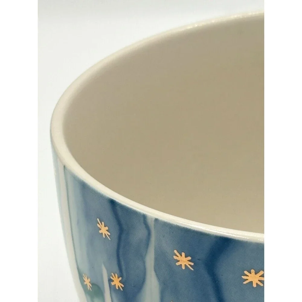 Anthropologie‎ Night Sky Bowl Stoneware Blue Teal Drip Watercolor Wash Gold Star